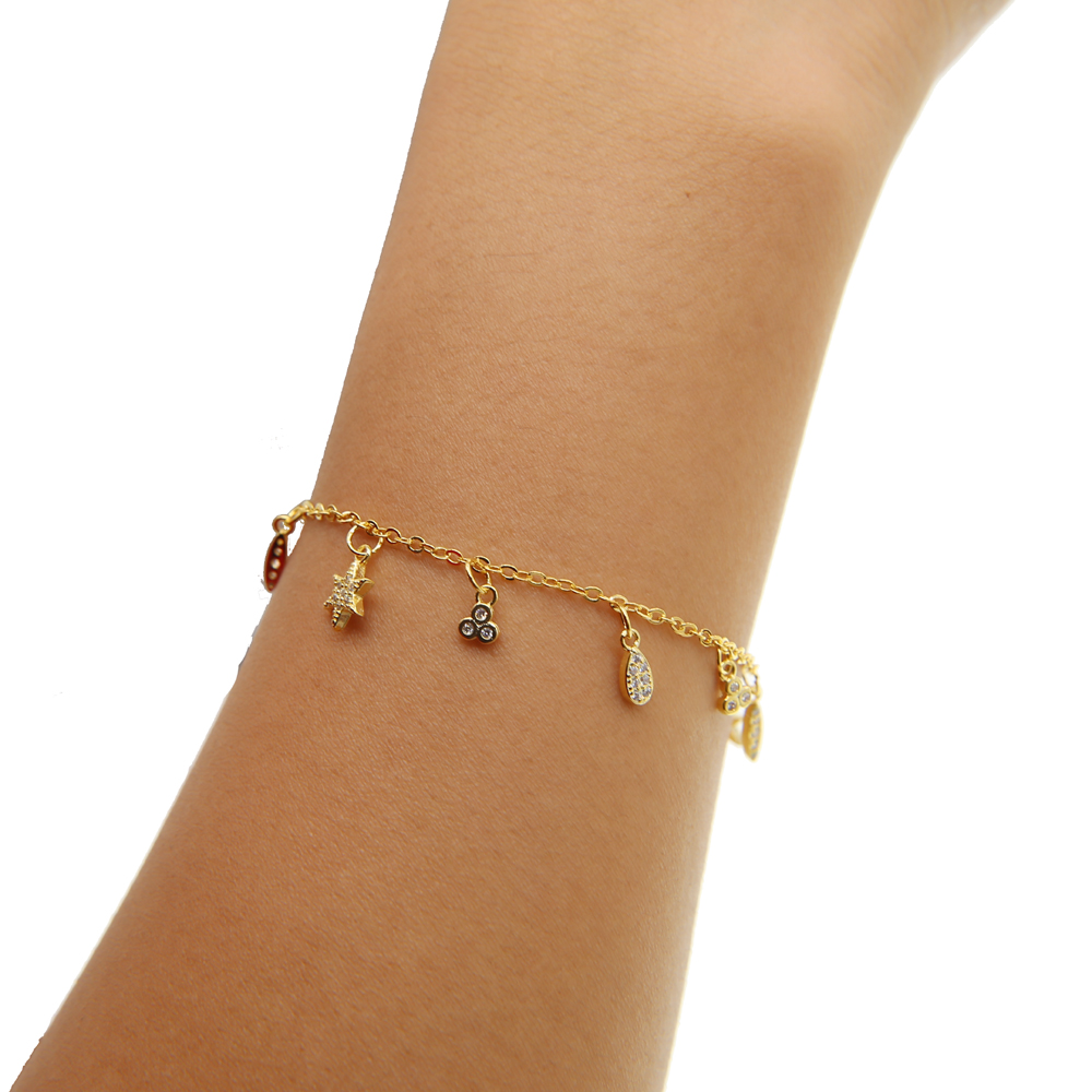fashion jewelry delicate cz charm tiny cute girl gold chain 165cm luxury dangle charm gold plated bracelet