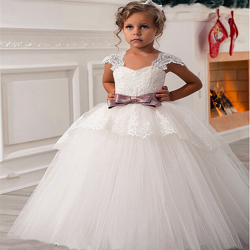 Fashion Flower Girl Dresses Vintage Jewel Sash Lace Net Baby Girl Birthday Party Christmas Communion Dresses Children Girl Party Dresses