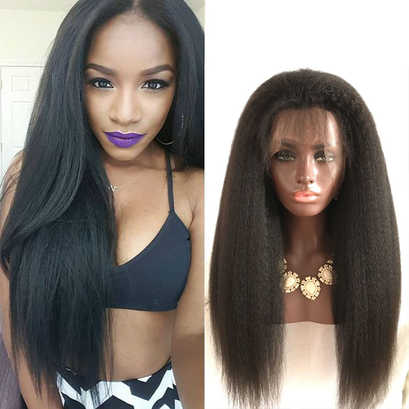 Heavy Italian Yaki Straight Glueless Full Lace Human Hair Wigs Kinky Straight Lace Front Wigs For Black Women Peruvian Wig