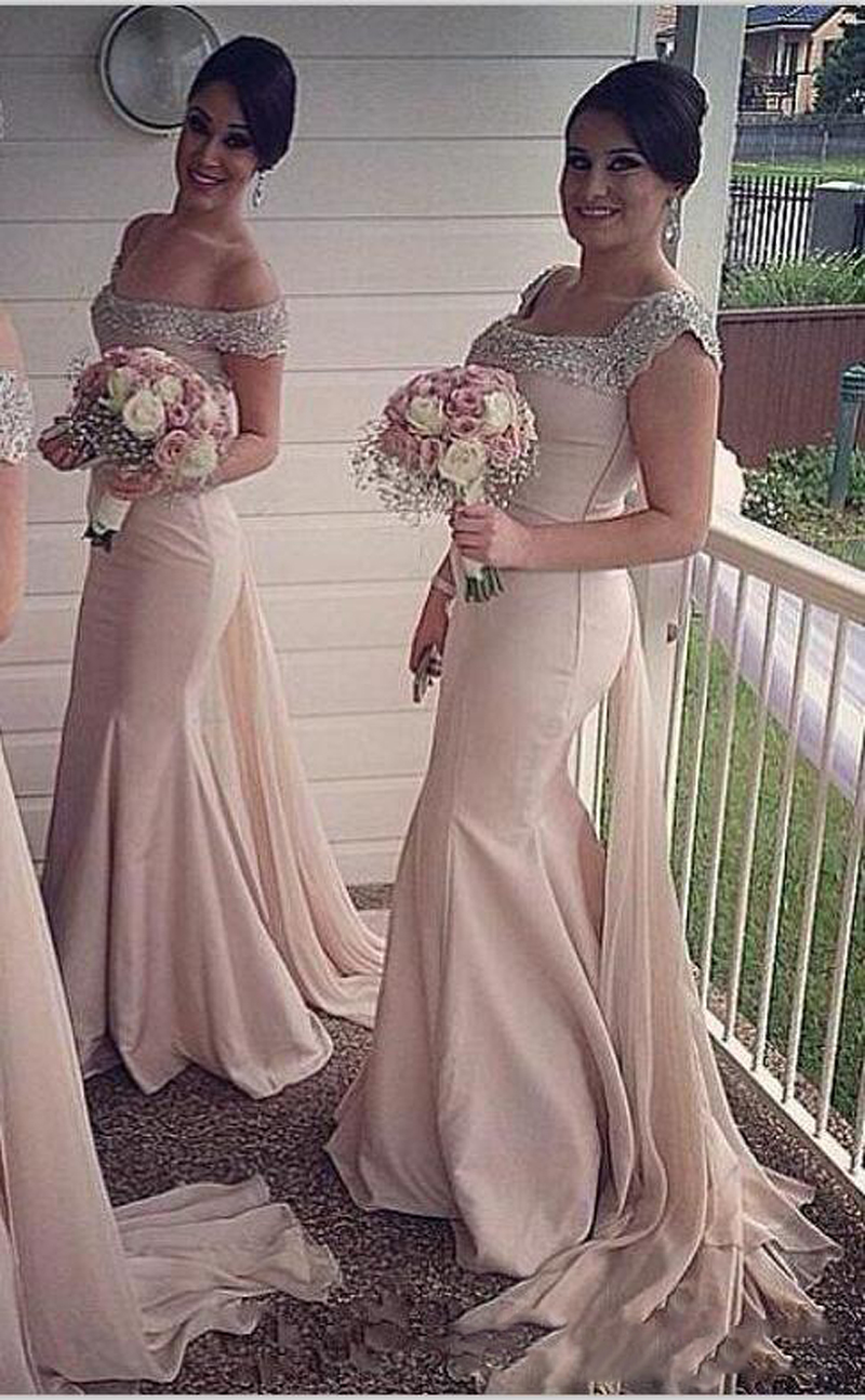 Real Picture Dusty Pink Bridesmaid Dresses Off The Shoulder Beads Watteau Ruched Zipper Mermaid Prom Dress Sweep Train Formal Dress