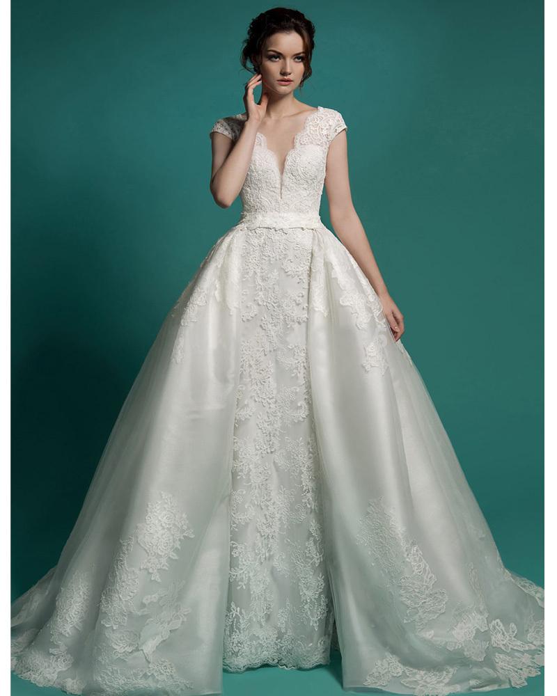 Sexy Mermaid Wedding Dresses Detachable Train Deep V Neck Cap Sleeves Vintage Arabic Lace Applique Cap Sleeve Overskirt Bridal Gowns