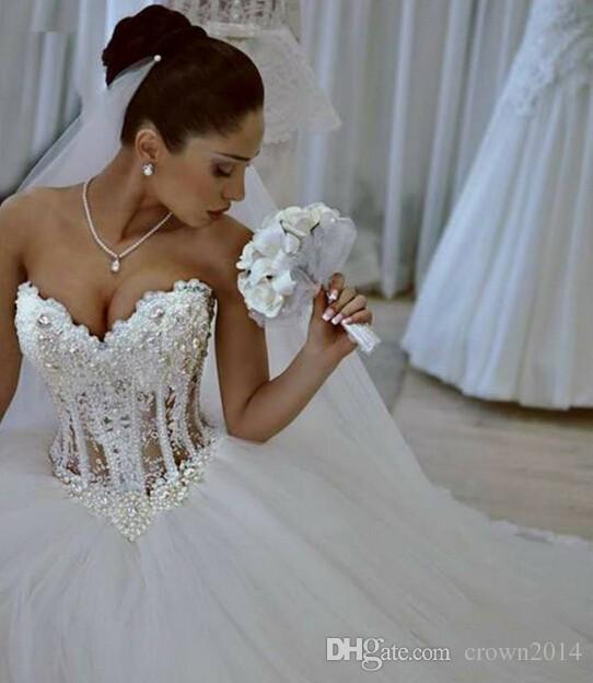 Corset Ball Gown Wedding Dresses Sweetheart Beaded Crystal Tulle Bling Wedding Gowns Lace-Up Back Custom Made Dress Arabic