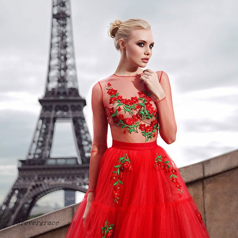 Nude Tulle Champagne Red Evening Dress Floral Floor Length Long Sleeves Women Wear Special Occasion Dress Prom Party Dress Plus Size