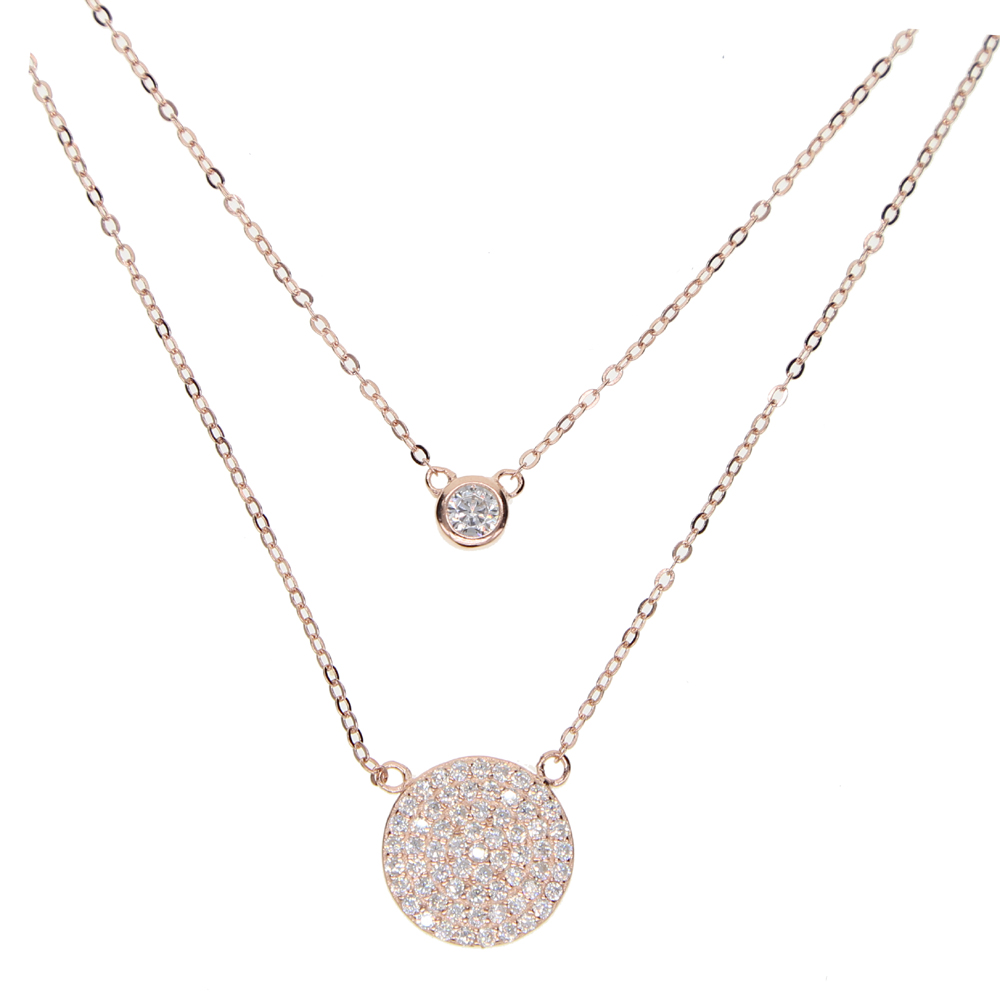 925 sterling silver factory top quality fine fashion big micro pave cz disco charm double layer elegant silver cz necklace