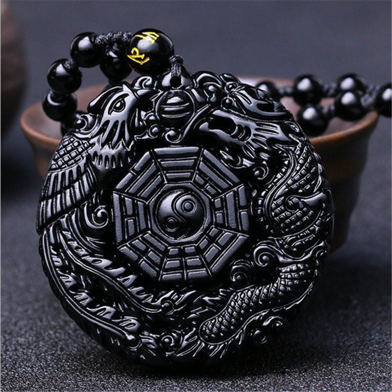 Volcanic Obsidian Phoenix Dragon Yin Yang Pendant Necklace PPUK Stock2772427