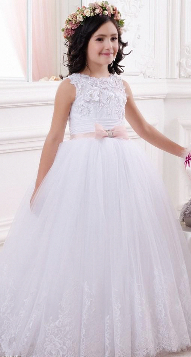 Beaded Lace Flower Girl Dresses Sash Ball Gown Children Wedding Dresses Elegant Little Girl Pageant Dresses
