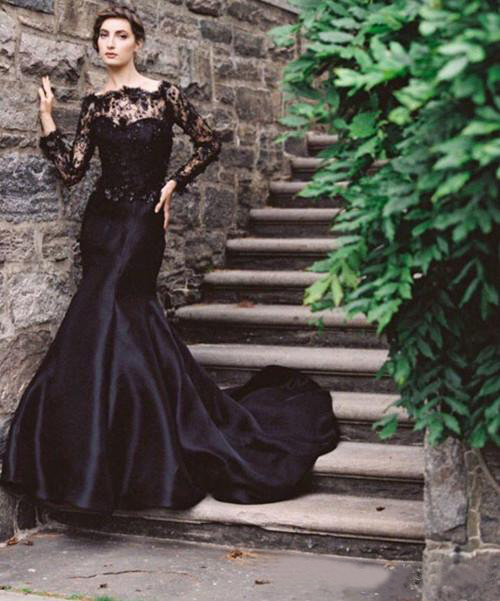 Vintage 2016 Black Lace And Taffeta Mermaid Wedding Dresses Gothic Bateau Illusion Long Sleeves Beaded Long Bridal Gowns Custom Made EN92311