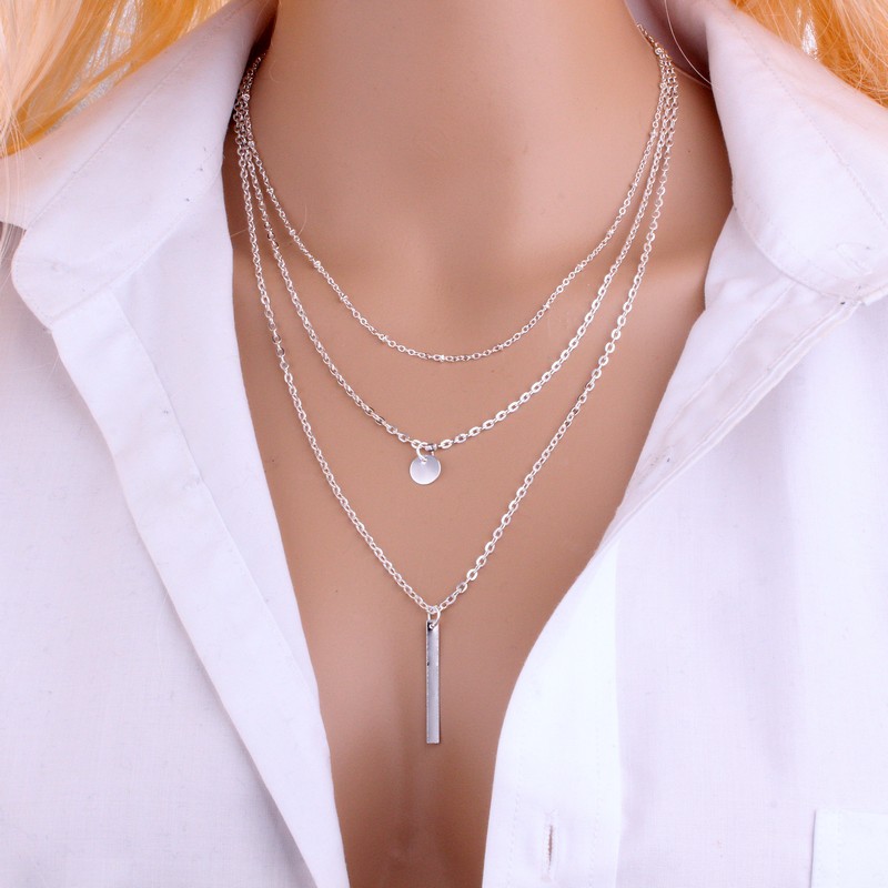 Wholesale- Hot Unique Fashion Gold Silver Plated Bar Lariat Necklaces Long Strip Multilayer 3 Layers Chain Pendants Necklaces Women Jewelry