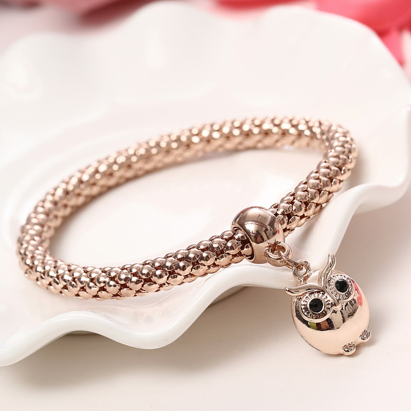 Wholesale-Fashion 3Pcs/set Crystal Bead Bracelet Women Gold Plated Crystal Owl Bangles Jewellery Elastic Charm Gifts pulseira feminina