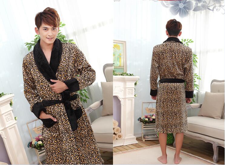 Wholesale- New Winter women and men's high quality Coral fleece bathrobe leopard Robe Men sleepwear night-gown Plus Size Free