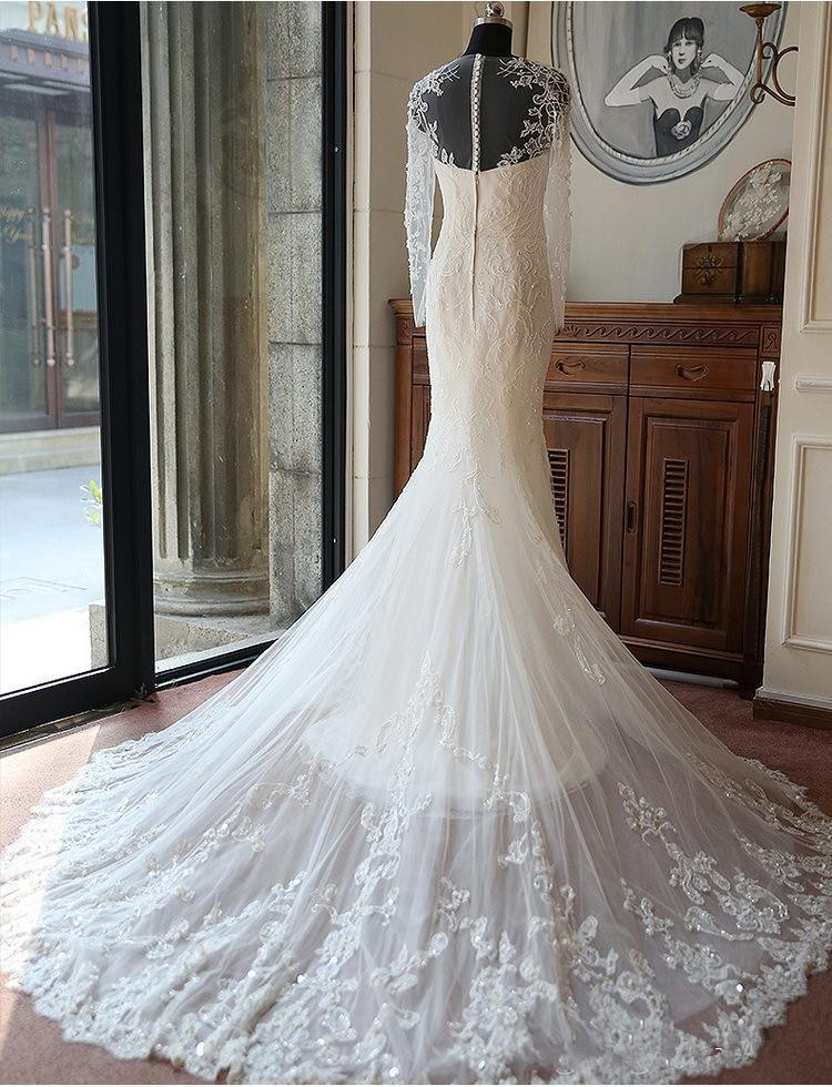 New Wedding Dresses Sheer Crew Neck Long Sleeves Lace Appliques Mermaid Bridal Gowns With Train