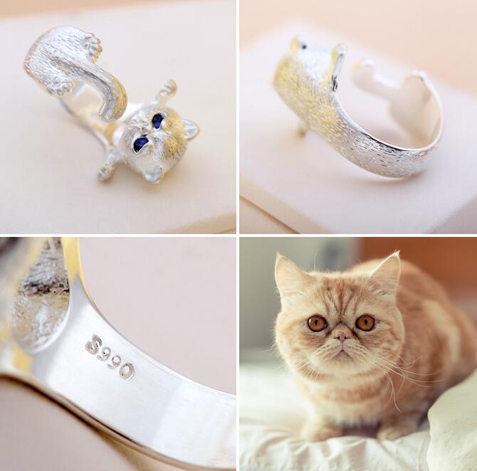 Fashion Lovely Silver Plated Cute Cat Rings for Women Animal Cat Eyes Open Ring Vintage Jewelry G894