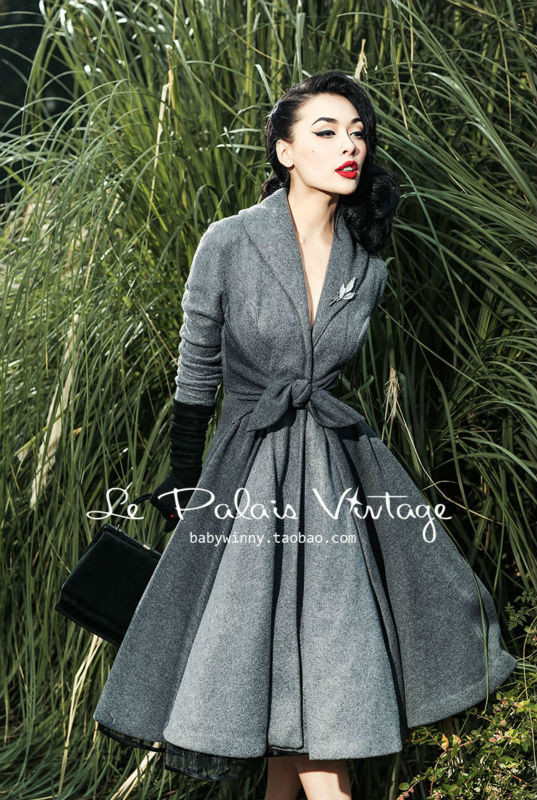 Wholesale-2016 Le Palais Vintage Elegant Retro Grey Stitching Waist Big Pendulum All-Match Long Coat High Quality Women's Clothing