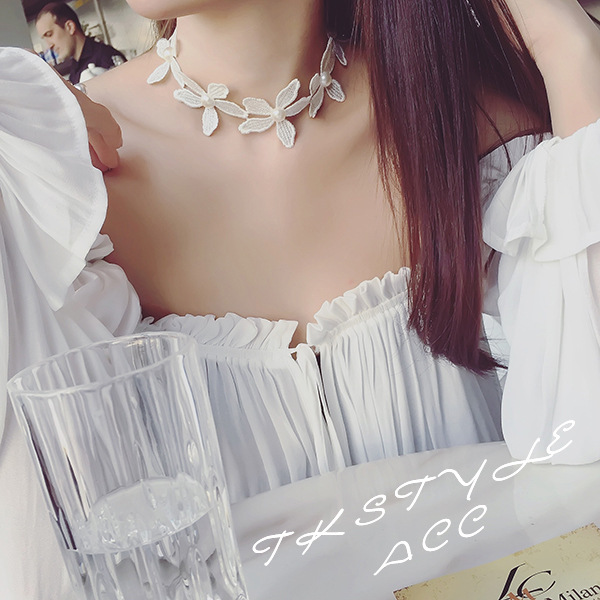 Korean Special Short Necklace Lace White Flower All-match Neck Chain Bib Statement Necklace Jewelry for Women Girls