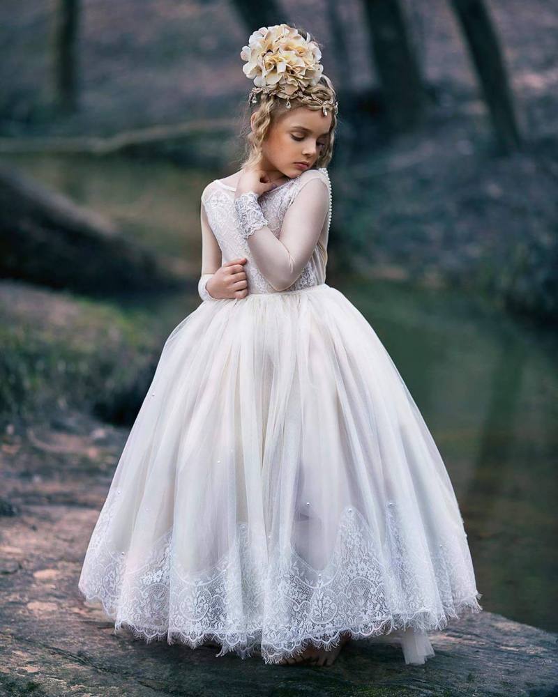 Lace Cheap Appliqued Ball Gown Wer Girl Dresses For Weddings Little Girls Pageant Dress With Long Sleeves Ankle Length Communion Gowns
