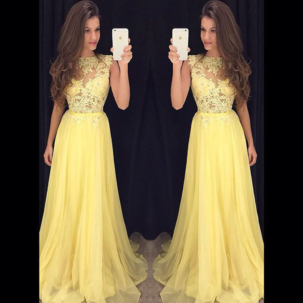 2017 Long Yellow Prom Dresses New Style Modest Formal Appliqued Lace Party Dresses O Neck Floor Length Chiffon Evening Gowns, Ivory
2017 Long Yellow Prom Dresses New Style Modest Formal Appliqued Lace Party Dresses O Neck Floor Length Chiffon Evening Gowns, Ivory