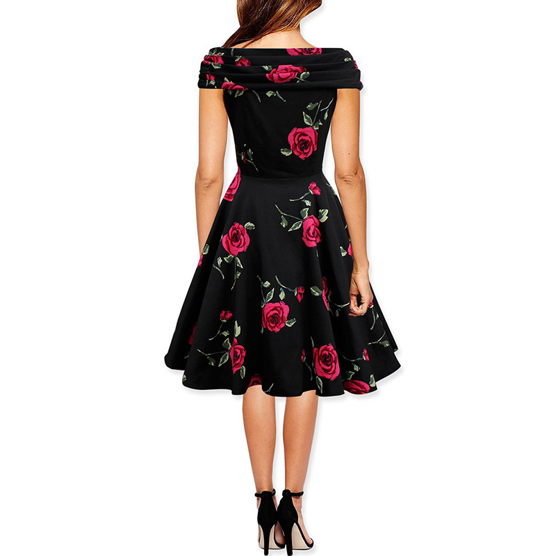 Womens Elegant 50s 60s Vintage Rose Retro Rockabilly Floral Sexy Party Cocktail Skater Wiggle Flare Swing Dress