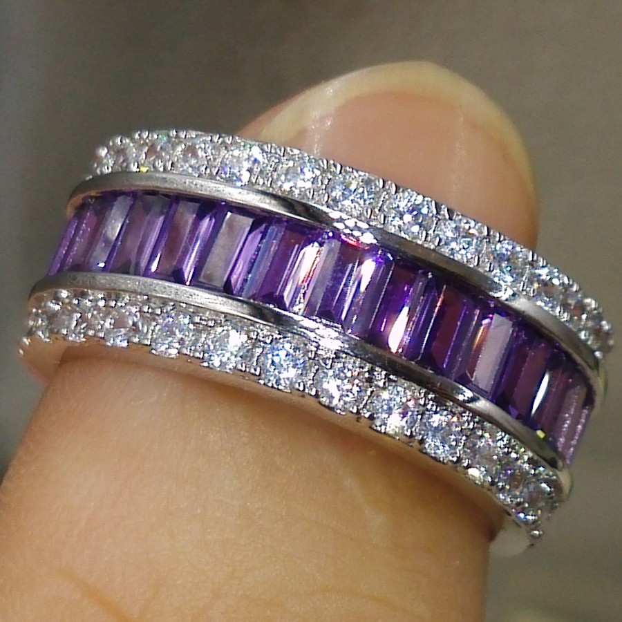Wholesale Professional Luxury Jewlery Princess Cut 925 Sterling Silver Amethyst Gemstones CZ Diamond Wedding lover Band Ring Gift Size 5-11