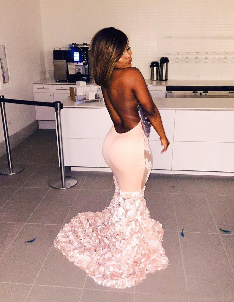 Blush 3D Appliqued Long Prom Dresses Halter High Neck See Through Flowers Long Train Evening Wear Formal Party Gowns