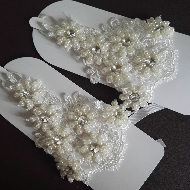 Sparkling Ivory Bridal Gloves Beads Crystal Pearls Wedding Bridal Gloves Wedding Accessories Real Pictures
