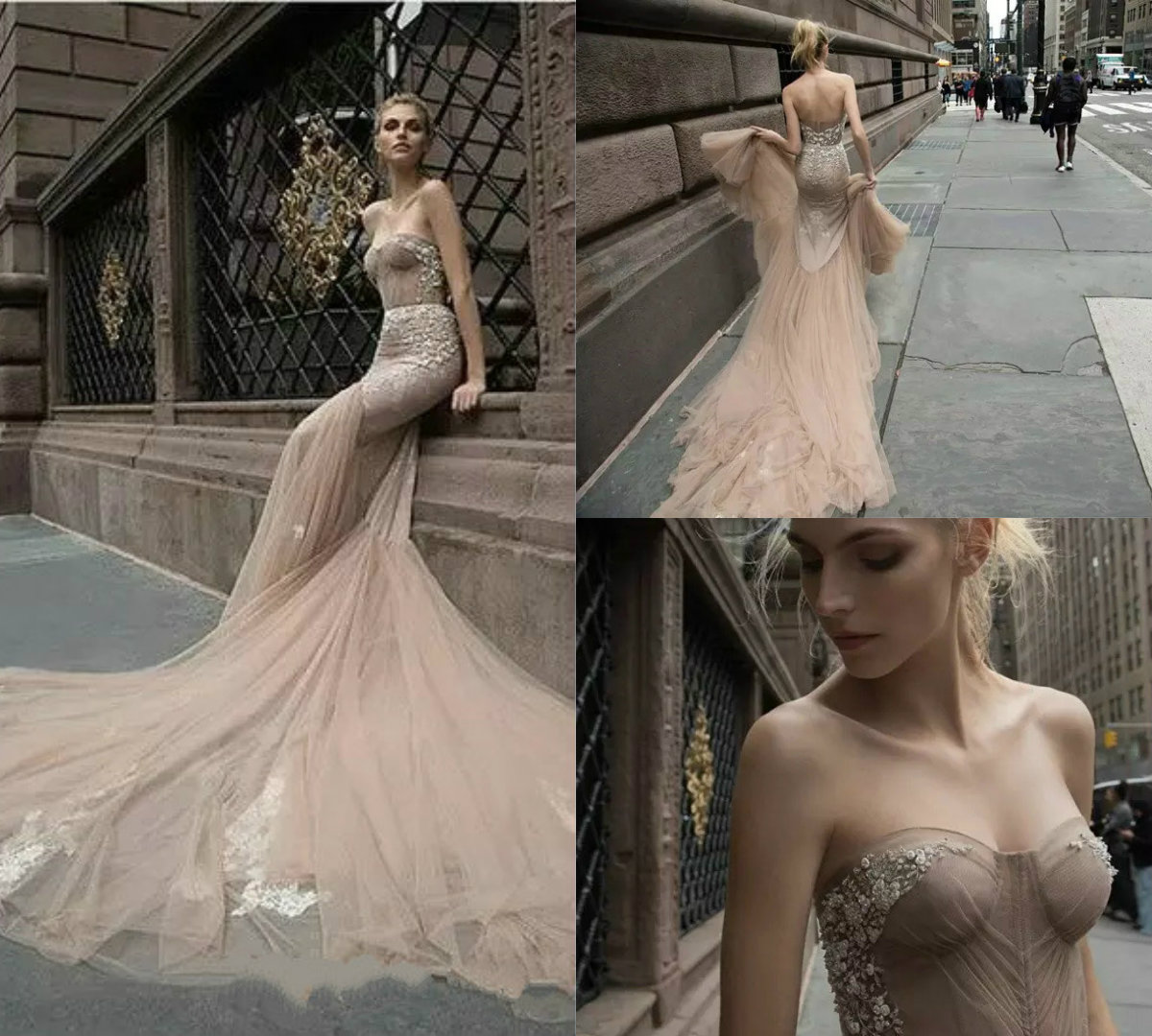 Inbal Dror Champagne Mermaid Wedding Dresses Luxury Beaded Sweetheart Boning Fishtail Country Wedding Gowns Cathedral Train Plus Size Bridal