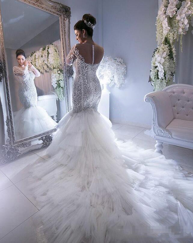 Illusion Jewel Neck Wedding Gown Applique Long Sleeve Covered Button Tulle Tiered Mermaid Bridal Dress Charming Chapel Train Vestido De Novi