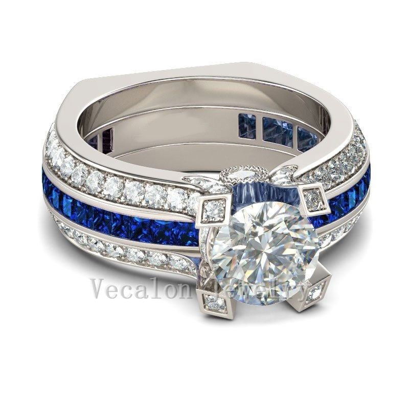 Vecalon Female Silver Jewelry Engagement ring Sapphire Simulated diamond Cz 925 Sterling Silver wedding Band ring Set for women