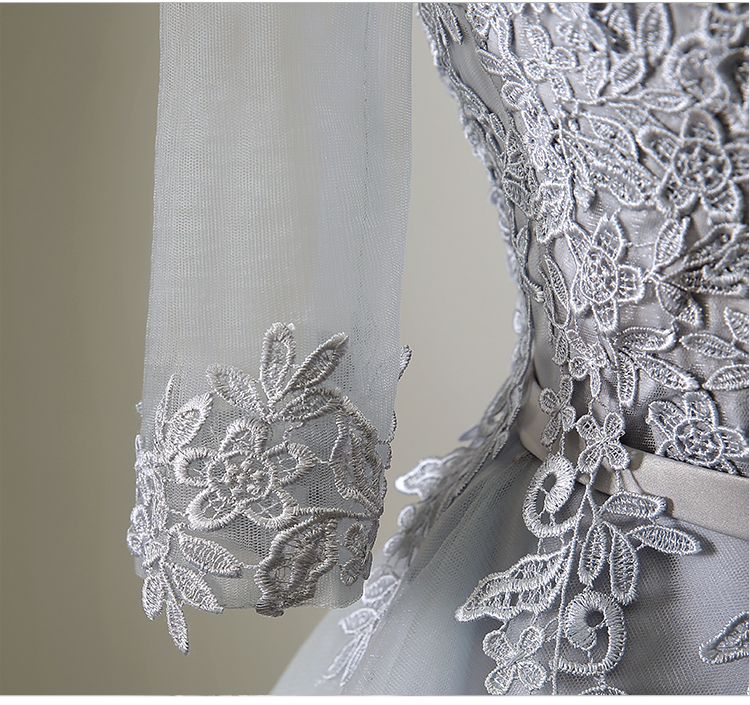 Light Gray Bridesmaid Dresses Long Wedding Guest dress Party gowns Sheer with Applique Pleats Tulle Formal Dress Plus Size Cheap