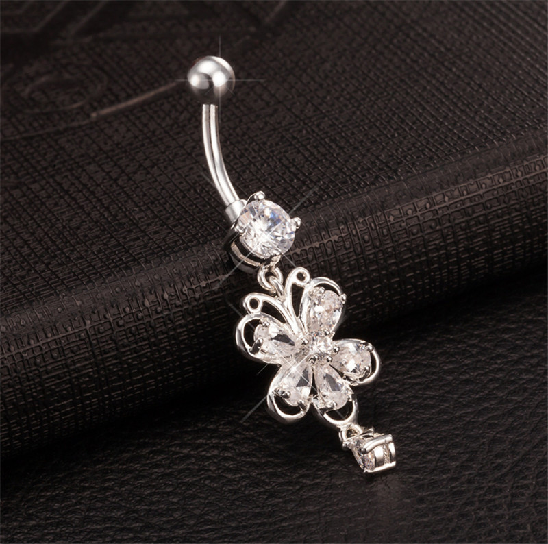 Factory Supply White Gold Plated Cubic Zircon Flower Body Piercing Belly Ring for Girls Women for Belly Dance