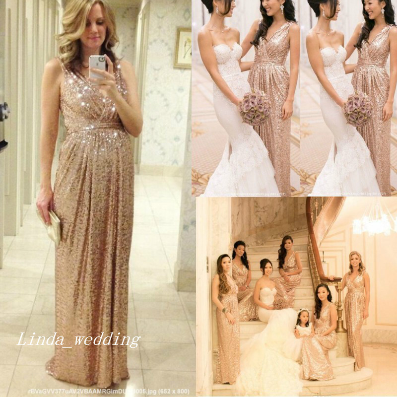 Rose Gold Sparkly Sequins Bridesmaid Dress Popular A-Line V-neck Floor Length Long Maid of Honor Wedding Party Gown
