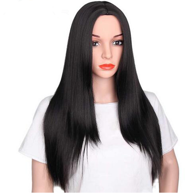 Fashion Long Straight Hair Cosplay Wig Party Black Heat Resistant Middle part Women Synthetic Free Wig Cap
