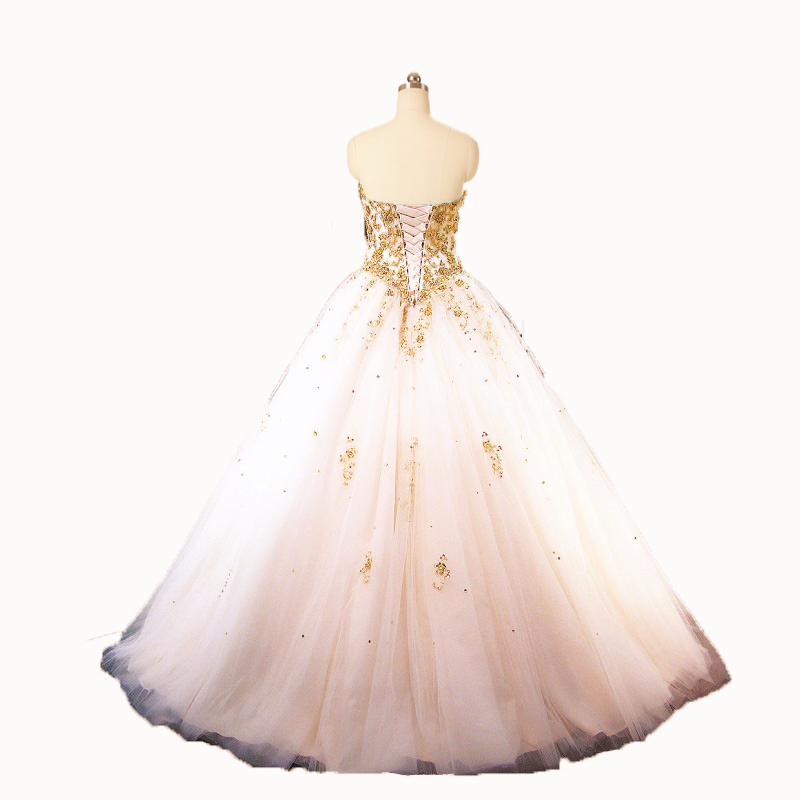 2017 Sexy Gold Appliques Ball Gown Quinceanera Dress with Crystal Tulle Lace Up Plus Size Sweet 16 Dress Vestido Debutante Gowns BQ92