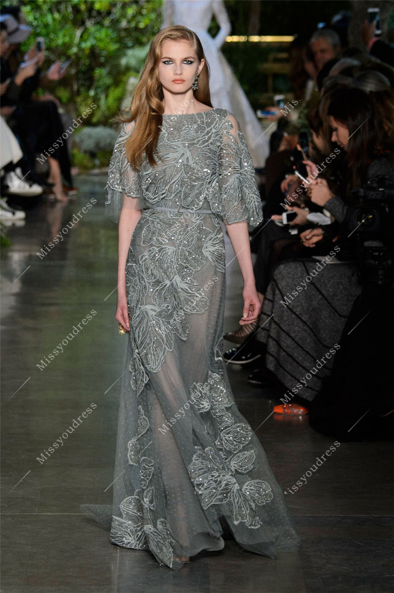 Elegant Elie Saab Dresses Evening Wear Bateau Neck Half Sleeves Celebrity Dress Beads Appliqued Formal Runway Fashion Gowns Custom Made