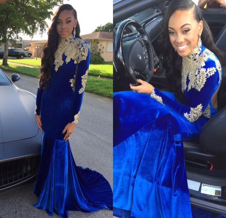 Veet Evening with Blue Gold Aplique High Neck Long Sleeves Prom Dresses Mermaid Style Open Back Affrican Formal Party Gowns 2017