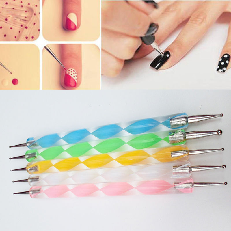 5 Colors X 2Way Dotting Pen Marbleizing Tool Nail Art Tips Dot DIY Paint Pens #T701