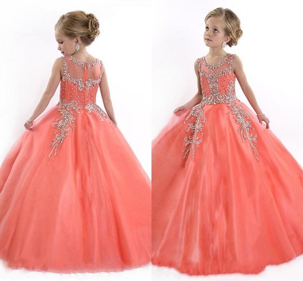 New 2016 Little Pageant Dresses Princess Illusion Jewel Crystal Beads Coral Tulle Kids Flower Girls Dress Cheap Birthday Gowns