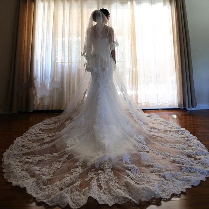 Elegant Cathedral Length Long Bridal Veil Three Layer Lace Applique Tulle Wedding Veils With Free Comb