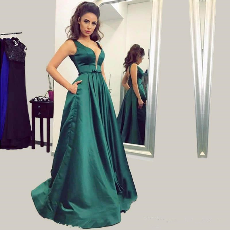 Hunter Green Prom Dresses 2020 Deep V Neck Satin Floor-Length Long Dresses Party Evening Wear Open Back Vestido De Festa Prom Dress Gowns