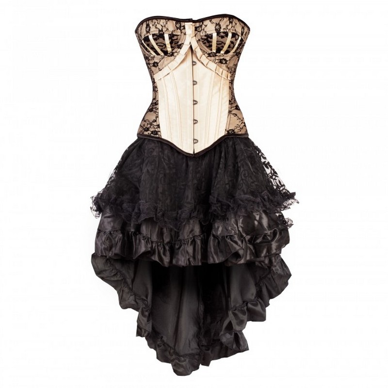 Wholesale Cheap Overbust Floral Black Lace Overlay Corset and Voluminous Layered Skirt Burlesque Formal Dance Corset Skirt Set Costume Dress