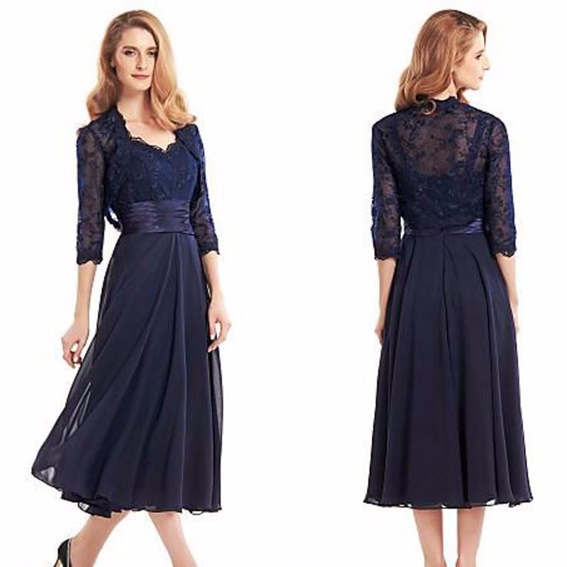 Navy Blue Mother of the Bride Dresses With Jacket Elegant Chiffon Tea Length Formal Women Wear Evening Wedding Guests Party Dress
