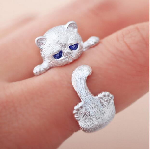 Fashion Lovely Silver Plated Cute Cat Rings for Women Animal Cat Eyes Open Ring Vintage Jewelry G894
