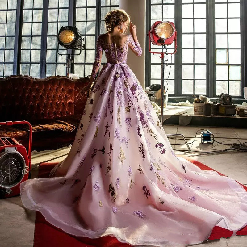 Purple Applique Mermaid Evening Dresses With Detachable Train Sheer Jewel Neck Lace Applique Beads Long Sleeve Prom Dress Sweep Train Plus