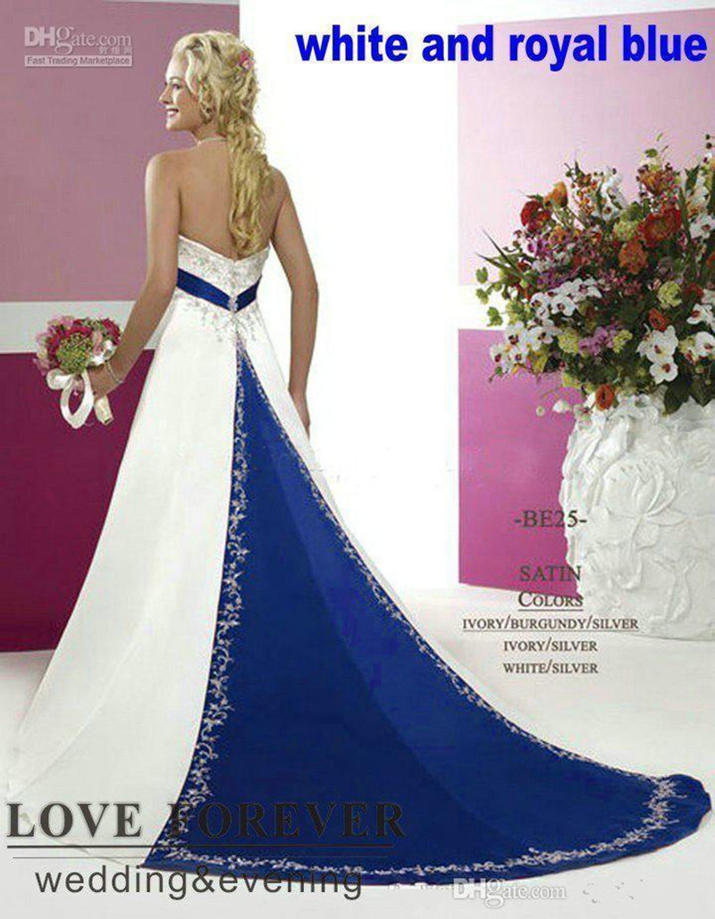 2020 New Silver Embroidery On Satin White and Royal Blue Floor Length Bridal Gowns Custom Made Vintage Style Plus Size Wedding Dresses 025
