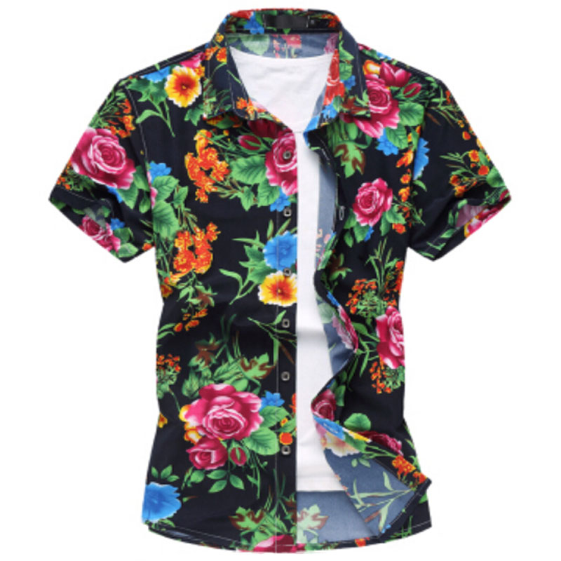 Wholesale-2016 Fashion Mens Short Sleeve Silk Hawaiian Shirt Plus Size M-6XL Summer Casual Floral Shirts For Men