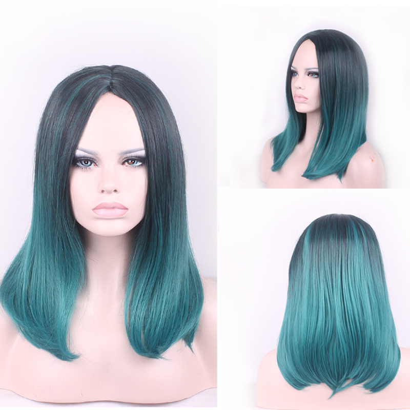 WoodFestival Ombre Dark Green Black Straight Short Bob Wig Women Fiber Synthetic Wig Turquoise Heat Resistant Hair Wigs 18 inches