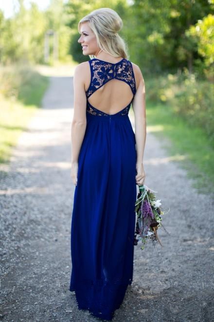 Royal Blue Bridesmaid Dress Elegant Backless Floor-Length Long Lace Chiffon Women Wear Evening Wedding Party Dress