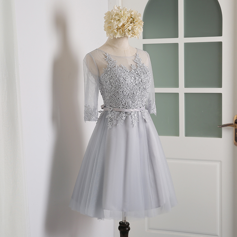 Bateau Neck Lace Tulle Short Bridesmaid Dress With Half Sleeves 2019 Knee Length Party Dress Gray