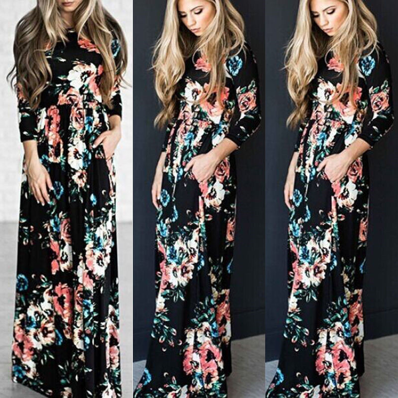 Wholesale- New Casual Women Summer Floral Long Dress High Waist Female Long Sleeve Party Dress Women BOHO Long Maxi Dress
