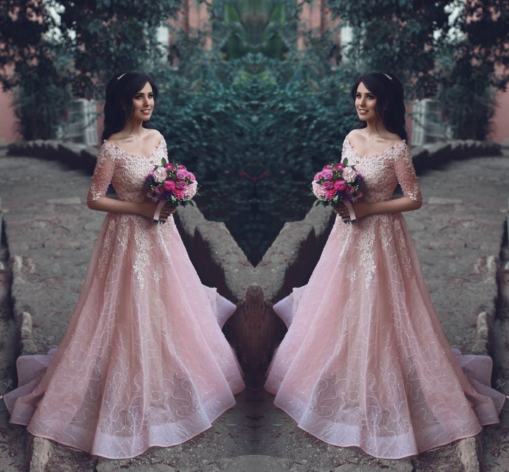 Prom Sweety Off Shoulder Half Sleeves Evening Dresses with Lace Applique A line Back Zipper Sweep Train Custom Made Party Gowns