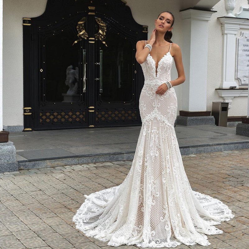 High Quality Mermaid Wedding Dress Saudi Arabia Dubai V Neck Sleeveless Full Lace Appliqued Spaghetti Sweep Train Sheer Beach Bridal Gowns